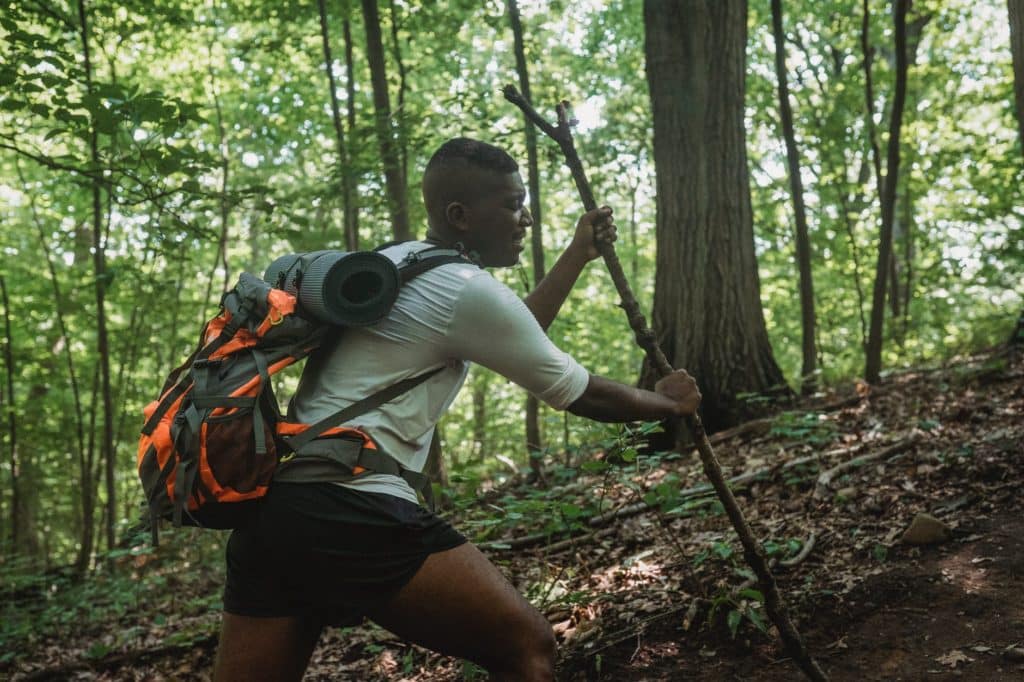 male backpacker trekking along forest slope with stick